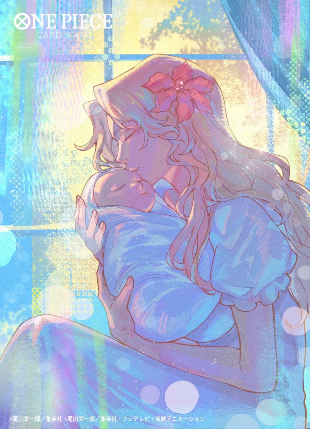 sunohara (encount), portgas d. ace, portgas d. rouge, one piece, one piece card game, commentary request, highres, official art, 1boy, 1girl, aged down, baby, blonde hair, carrying, carrying baby, carrying person, closed eyes, copyright name, dress, flower, hair flower, hair ornament, hibiscus, kiss, kissing forehead, long hair, mother and son, profile, puffy short sleeves, puffy sleeves, short sleeves, sleeping, wavy hair