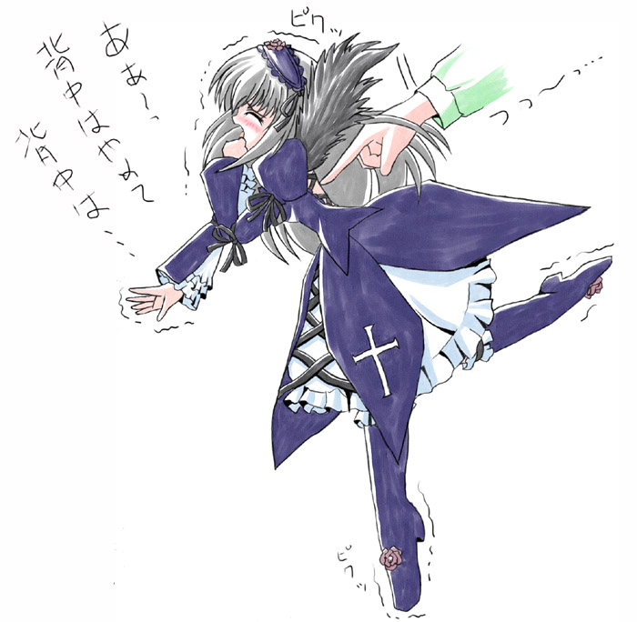 imai kazunari, suigintou, rozen maiden, silver hair, translated, 00s, 1girl, blush, boots, closed eyes, cross, dress, female focus, flower, gothic lolita, hairband, latin cross, leg lift, lolita fashion, lolita hairband, long hair, long sleeves, open mouth, pointing, rose, solo, wings