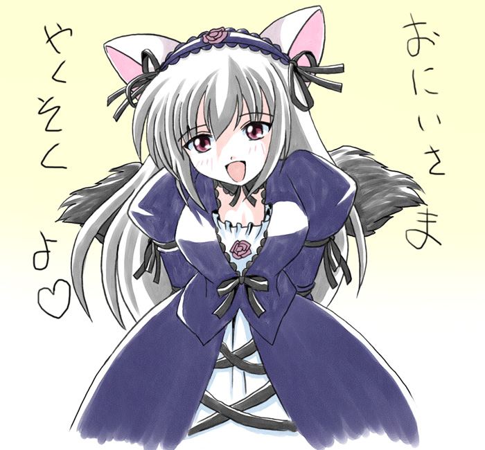 imai kazunari, suigintou, rozen maiden, tsukuyomi moonphase, silver hair, translated, 1girl, animal ears, arms behind back, cat ears, dress, female focus, flower, gothic lolita, hairband, happy, kemonomimi mode, lolita fashion, lolita hairband, long hair, long sleeves, nekomimi mode (tsukuyomi), parody, pink eyes, pink flower, pink rose, rose, solo, wings