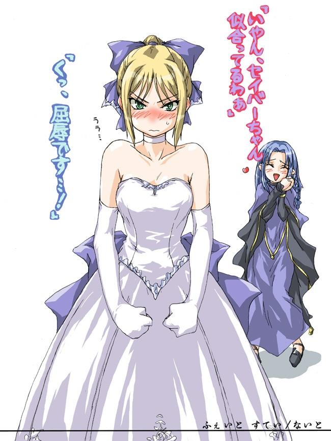 matsukura nemu, artoria pendragon (fate), medea (caster) (fate), medea (fate), saber (fate), fate/stay night, fate/unlimited blade works, fate (series), translated, 00s, 2girls, ahoge, angry, blonde hair, blue hair, blush, choker, closed eyes, dress, elbow gloves, embarrassed, gloves, green eyes, heart, long dress, multiple girls, official alternate costume, pointy ears, ribbon, wedding dress, white dress, white gloves