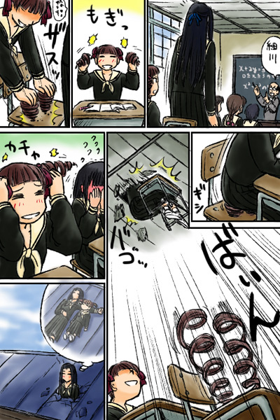 hosokawa kanako, matsudaira touko, maria-sama ga miteru, 00s, 2girls, black hair, blunt bangs, blush, chair, classroom, closed mouth, comic, desk, drill hair, long hair, motion lines, multiple girls, rooftop, school, school desk, silent comic, smile, sound effects, speech bubble, spring (object), thought bubble
