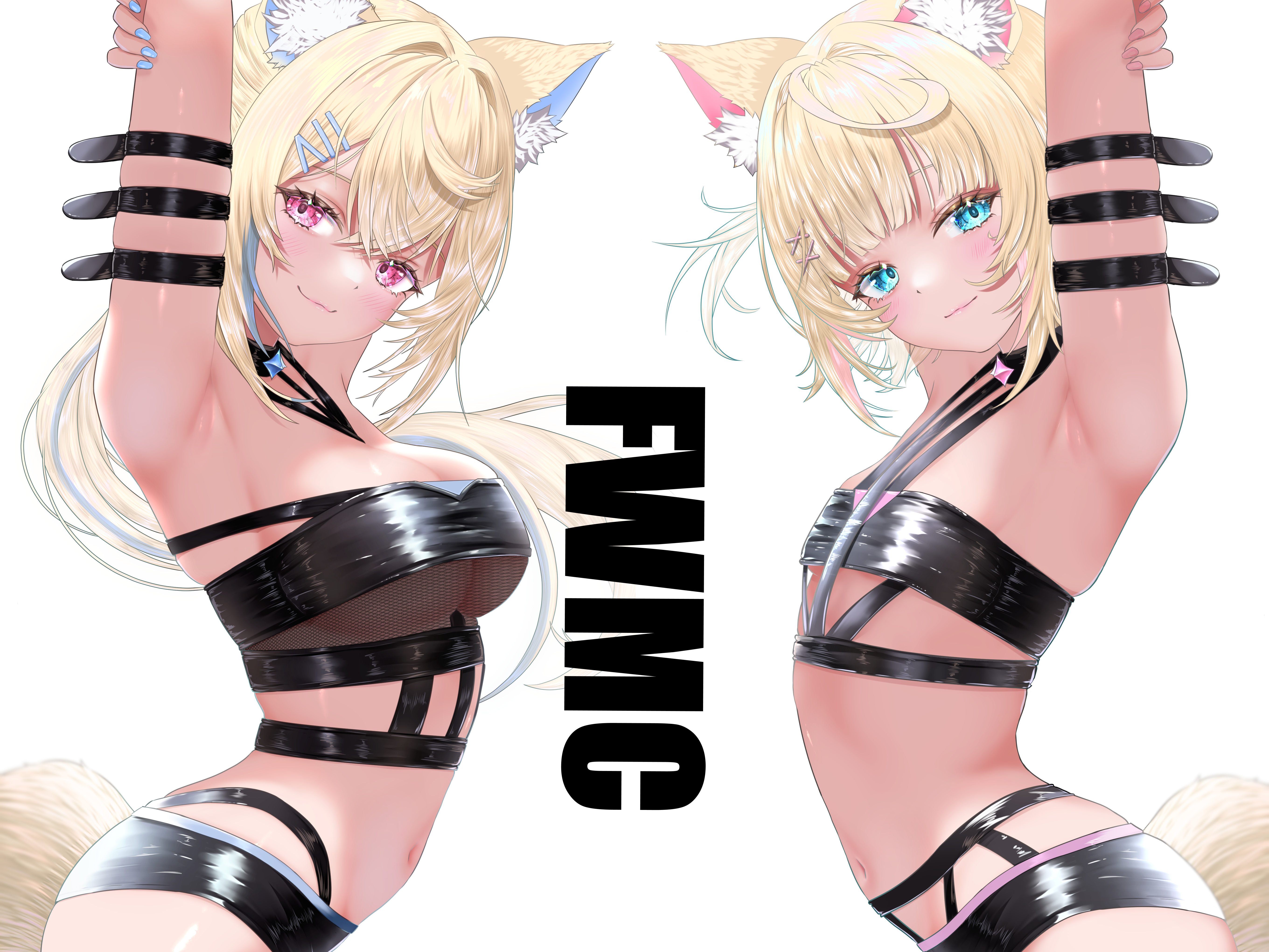 nanaki24, fuwawa abyssgard, fuwawa abyssgard (holonatsu paradise), mococo abyssgard, mococo abyssgard (holonatsu paradise), hololive, hololive english, absurdres, highres, 2girls, animal ears, arm strap, armpits, arms up, bikini, black bikini, blonde hair, blue eyes, blue streaks, breasts, dog ears, dog girl, dog tail, flat chest, large breasts, long hair, looking at viewer, medium hair, multiple arm straps, multiple girls, navel, official alternate costume, pink eyes, pink streaks, siblings, sisters, swimsuit, tail, twins, virtual youtuber, white background