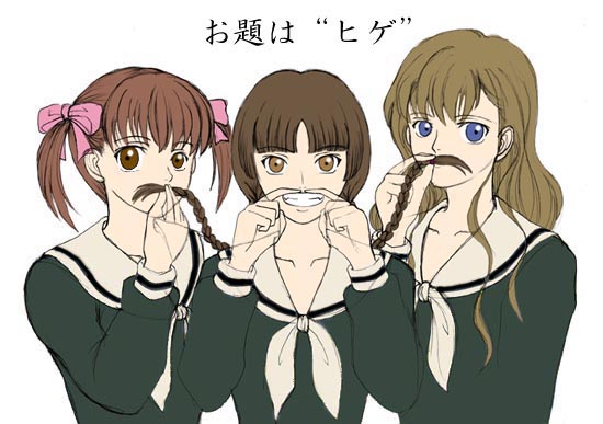 fukuzawa yumi, shimazu yoshino, toudou shimako, maria-sama ga miteru, 00s, 3girls, blonde hair, braid, facial hair, fake facial hair, fake mustache, grabbing another's hair, grabbing another's twintails, handlebar, holding another's hair, long sleeves, multiple girls, mustache, short twintails, twin braids, twintails