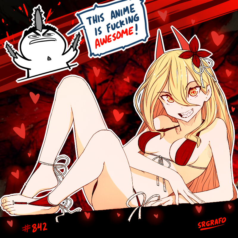 srgrafo, power (chainsaw man), chainsaw man, commentary, english commentary, 1boy, 1girl, artist name, artist self-insert, barefoot, bikini, blonde hair, breasts, bridal legwear, clenched teeth, cross-shaped pupils, demon horns, english text, grin, hair between eyes, horns, long hair, looking at viewer, medium breasts, outline, red bikini, red horns, sharp teeth, side-tie bikini bottom, smile, speech bubble, swimsuit, symbol-shaped pupils, teeth, white outline