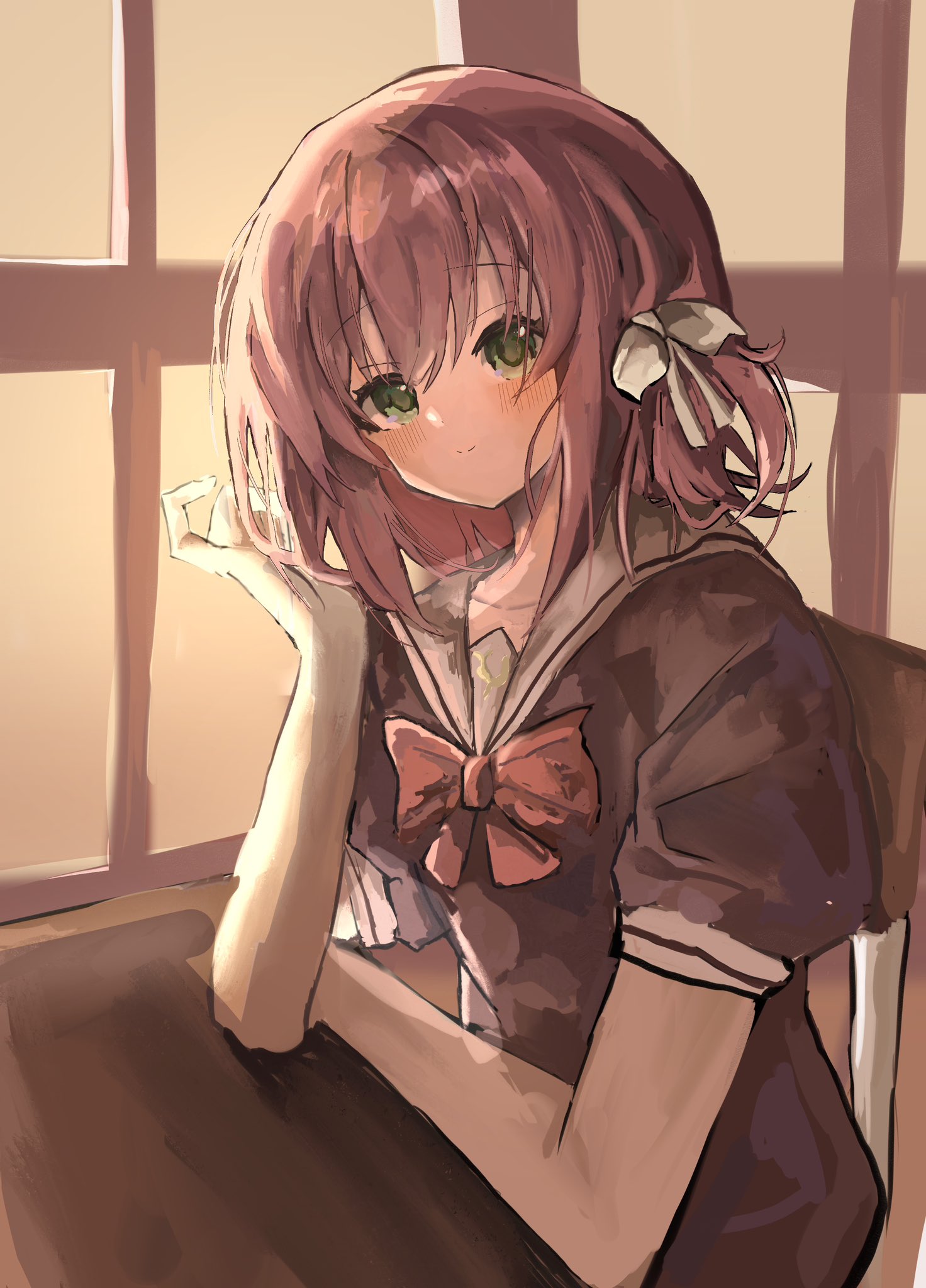 shiro rei419, kamishiro minamo, atri-my dear moments-, commentary request, highres, 1girl, backlighting, black shirt, blush, bow, bowtie, chair, classroom, closed mouth, green eyes, hair between eyes, hair bow, hand up, indoors, looking at viewer, medium hair, on chair, one side up, puffy short sleeves, puffy sleeves, red bow, red bowtie, red hair, sailor collar, school uniform, serafuku, shirt, short sleeves, sidelocks, sitting, sketch, smile, solo, split mouth, sunset, upper body, white bow, white sailor collar, window