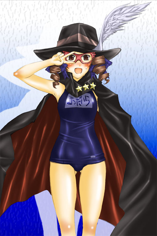 croissant mask, matsudaira touko, air gear, maria-sama ga miteru, 1girl, blush, brown eyes, cape, domino mask, embarrassed, female focus, hat, mask, name tag, one-piece swimsuit, parody, school swimsuit, solo, sweat, swimsuit, v, v over eye