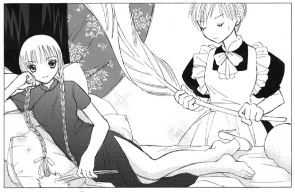 hasekura rei, shimazu yoshino, maria-sama ga miteru, 00s, 2girls, apron, barefoot, bed, braid, china dress, chinese clothes, closed eyes, dress, feet, greyscale, hand fan, high heels, long hair, lying, maid, maid apron, monochrome, multiple girls, on side, pillow, shoe dangle, shoes, short hair, single shoe, smile, twin braids, very long hair