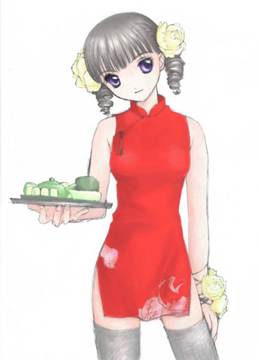 matsudaira touko, maria-sama ga miteru, 00s, 1girl, bare arms, bare shoulders, china dress, chinese clothes, dress, drill hair, female focus, flower, grey hair, grey thighhighs, hair flower, hair ornament, holding, holding tray, peony (flower), purple eyes, red dress, short dress, short twintails, simple background, skirt, sleeveless, sleeveless dress, smile, solo, thighhighs, tray, twin drills, twintails, white background, zettai ryouiki