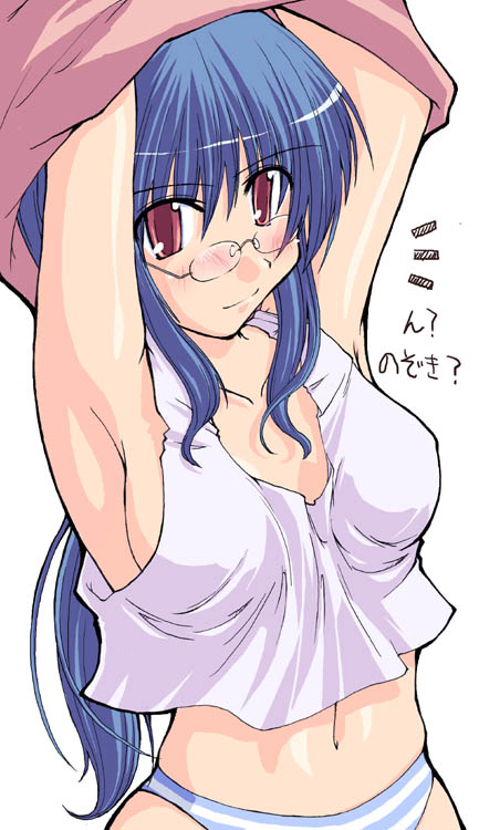 ryo (liver sashi daisuki!), original, duplicate, translated, 1girl, blue hair, blue panties, blush, breasts, female focus, glasses, long hair, medium breasts, midriff, navel, panties, purple eyes, solo, striped clothes, striped panties, underwear, underwear only, undressing, very long hair