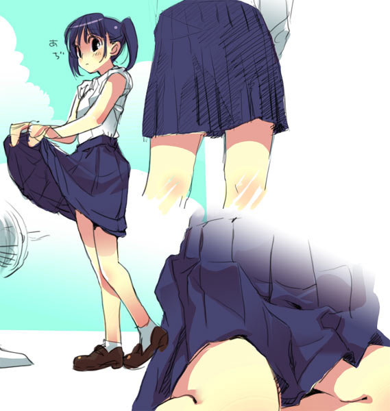 original, 1girl, blush, clothes lift, electric fan, fanning crotch, fanning self, female focus, lifting own clothes, miniskirt, pleated skirt, shoes, skirt, skirt lift, socks, solo, standing, twintails