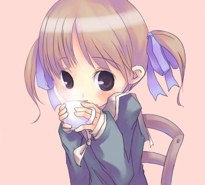 fukuzawa yumi, maria-sama ga miteru, duplicate, 00s, 1girl, brown eyes, brown hair, cup, female focus, long sleeves, school uniform, serafuku, short twintails, simple background, solo, tea, teacup, twintails
