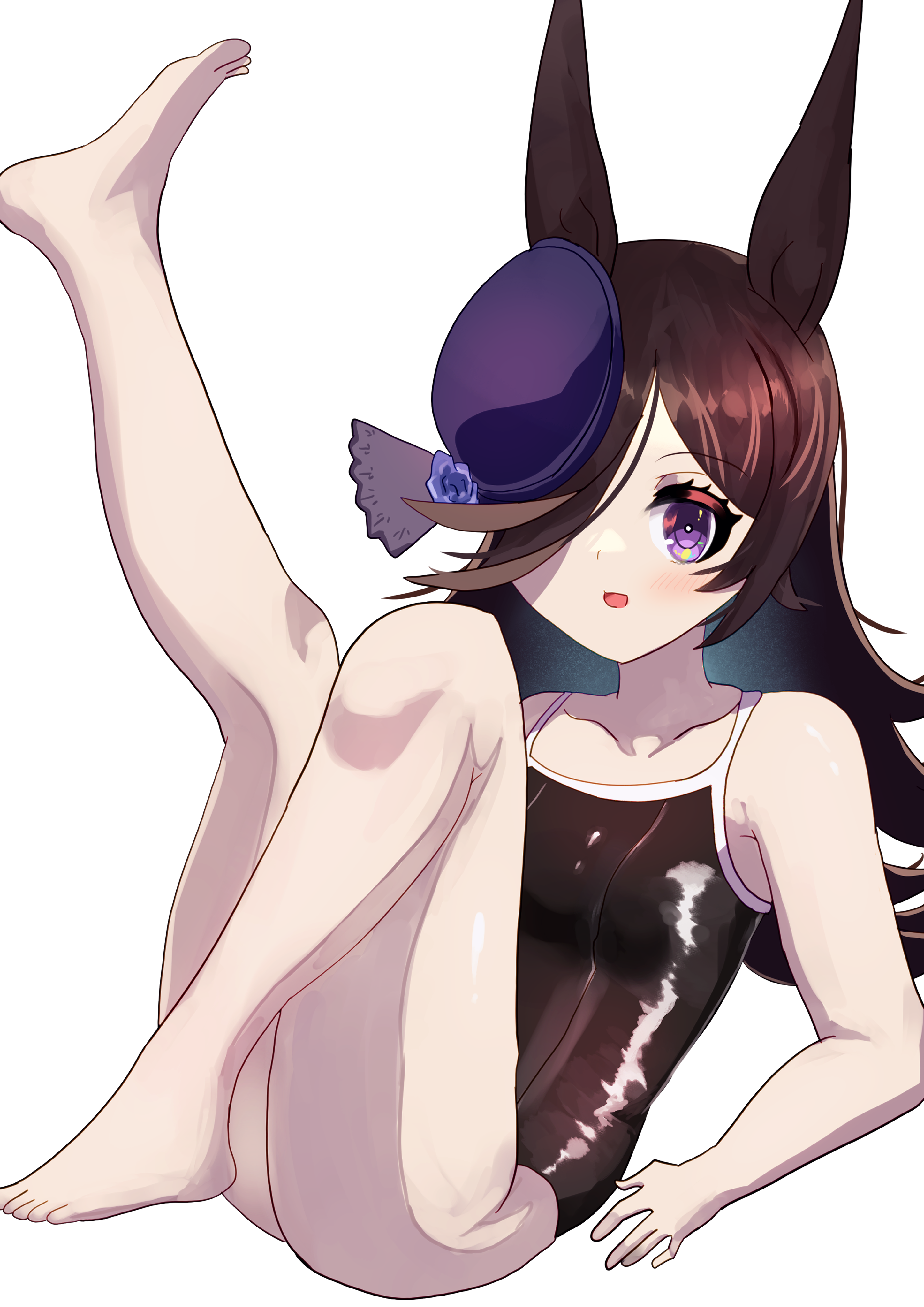 rice shower (umamusume), umamusume, absurdres, commentary, highres, 1girl, animal ears, barefoot, black one-piece swimsuit, blue flower, blue hat, blue rose, breasts, brown hair, competition school swimsuit, flipped hair, flower, foot up, hair over one eye, hat, hat flower, horse ears, horse girl, long hair, one-piece swimsuit, purple eyes, rose, school swimsuit, simple background, small breasts, solo, suijsuji, swimsuit, tilted headwear, white background