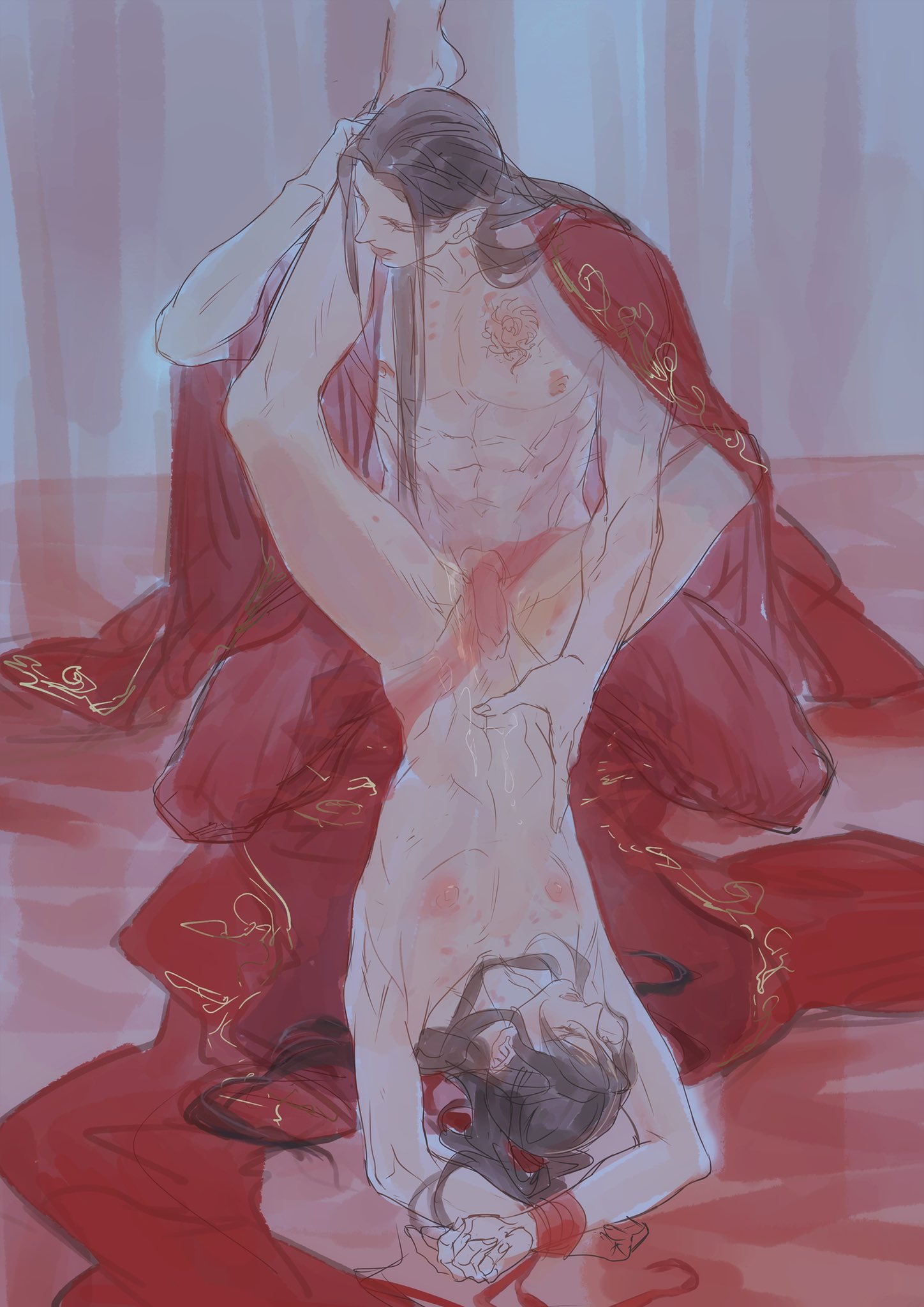lan wangji, wei wuxian, modao zushi, chinese commentary, highres, 2boys, abs, alternate costume, anal, arms up, bdsm, bed sheet, bishounen, black hair, blush, bondage, bound, bound wrists, branded, chinese clothes, chinese wedding, closed eyes, collarbone, completely nude, couple, cum, cum in ass, cum on body, cum on male, cum on self, cum on stomach, dress, erection, hair ribbon, hand on another's stomach, hanfu, hickey, holding another's leg, husband and husband, kneeling, leg grab, leg on another's shoulder, leg up, licking, licking leg, long hair, lying, male focus, male penetrated, missionary, multiple boys, navel, nipples, nude, on back, on bed, open clothes, open mouth, open robe, pants, pectorals, penis, ponytail, red pants, red ribbon, red sheet, ribbon, ribbon bondage, robe, scar, scar on chest, see-through clothes, sex, sidelocks, sketch, spread legs, tongue, tongue out, uncensored, unworn clothes, wedding dress, white hanfu, yaoi, ylilaros