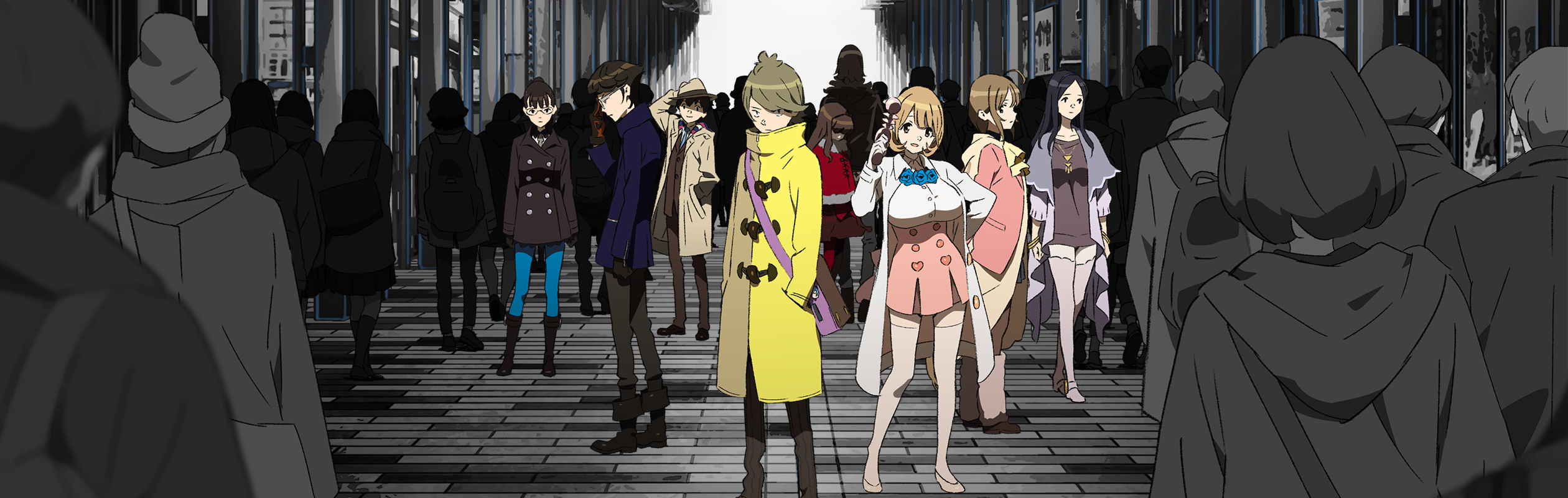 yamaguchi satoshi, aikawa miyuu, gamon yuuta, hashigami sarai, kurenaino aria, moritsuka shun, narusawa ryouka, nishizono ririka, sumikaze touko, occultic;nine, science adventure, highres, key visual, official art, promotional art, 4boys, 5girls, ahoge, ascot, black boots, black eyes, black gloves, black hair, black hairband, black jacket, black pants, blue jacket, blue necktie, blue pantyhose, blunt bangs, boots, bow, breasts, brown coat, brown eyes, brown hair, brown jacket, buttons, capelet, coat, collared shirt, double-breasted, dress bow, dress shirt, everyone, fedora, fur-trimmed capelet, fur trim, glasses, gloves, gold necklace, green hair, grey eyes, grey neckerchief, hair ornament, hairband, hairclip, hat, headband, heart, heart button, heart hair ornament, high-waist skirt, high ponytail, holding ray gun, hood, hoodie, huge breasts, impossible clothes, jacket, jewelry, knee boots, kusakabe kiryuu, leather, leather jacket, long hair, long sleeves, medium breasts, medium hair, miniskirt, multicolored coat, multicolored gloves, multiple boys, multiple girls, neckerchief, necklace, necktie, open clothes, open coat, pants, pantyhose, pink hoodie, pink skirt, ponytail, purple capelet, purple headband, purple sweater, red capelet, red gloves, shirt, short hair, skirt, standing, suit jacket, sweater, thighhighs, white coat, white shirt, white thighhighs, yellow ascot, yellow coat, yellow hood