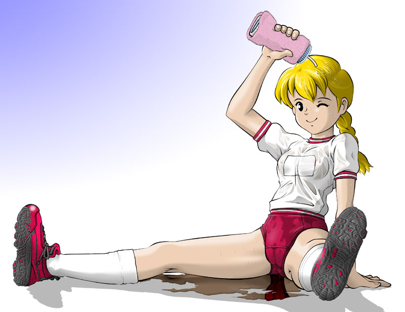 original, 1girl, black eyes, blonde hair, bottle, braid, breasts, buruma, cameltoe, female focus, flat chest, gym uniform, kneehighs, legs, long hair, no bra, one eye closed, see-through clothes, shoes, single braid, sitting, small breasts, smile, sneakers, socks, solo, spread legs, water bottle, wet, wet clothes, wink