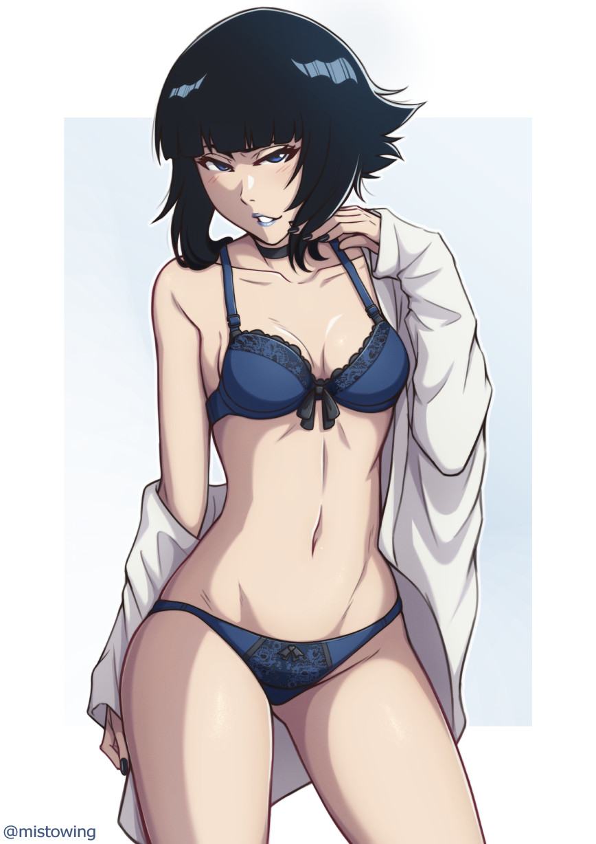 mistowing, sui-feng, bleach, bleach: sennen kessen-hen, highres, 1girl, artist name, bare shoulders, black hair, blouse, bra, breasts, choker, collarbone, female focus, medium hair, navel, panties, parted lips, shirt, simple background, small breasts, solo, standing, underwear