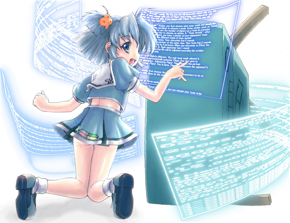 98se-tan, os-tan, 1girl, blue eyes, blue hair, female focus, from behind, kneeling, looking back, matching hair/eyes, midriff, pleated skirt, pointing, school uniform, serafuku, short hair, side ponytail, skirt, socks, solo