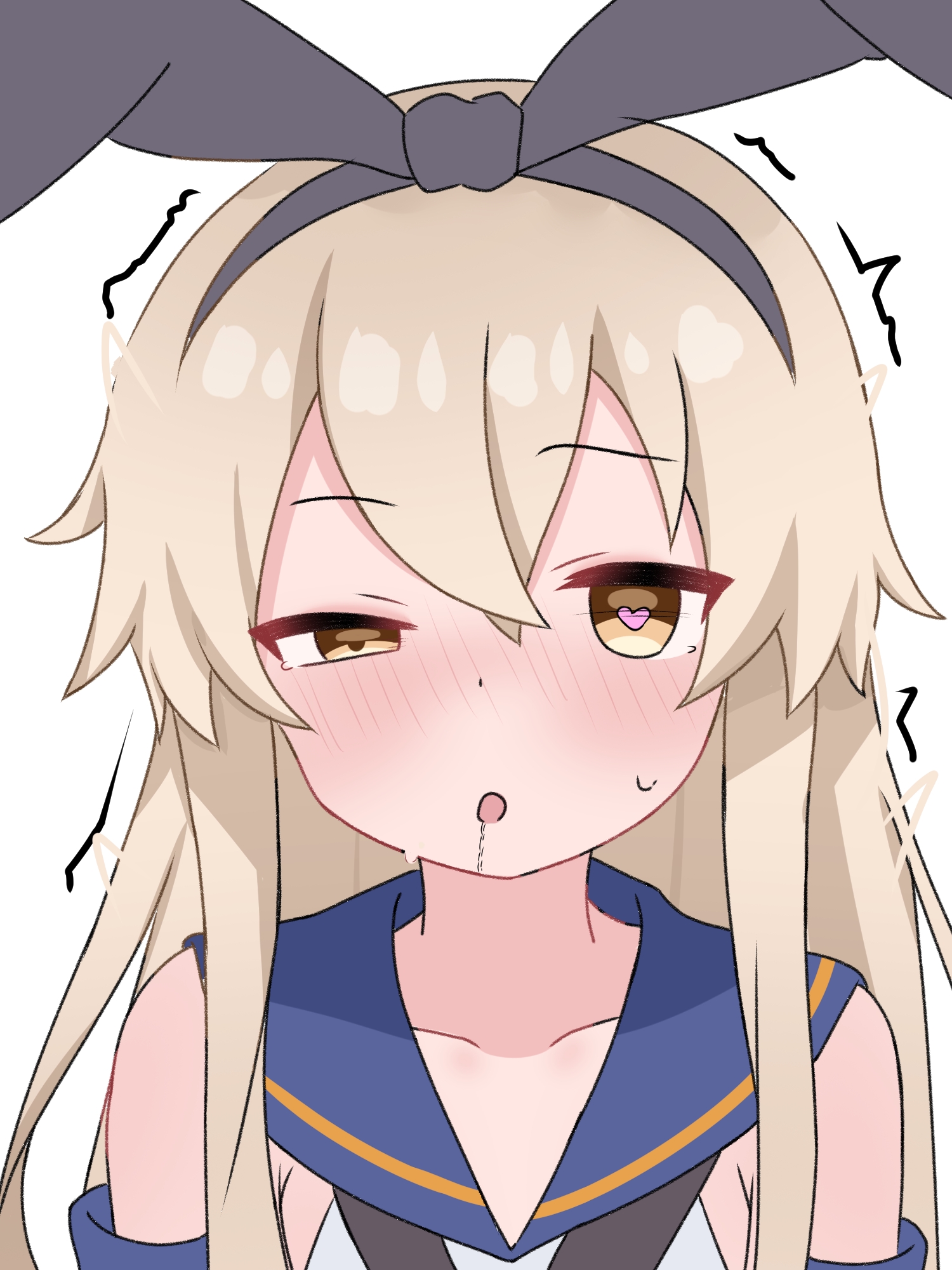 matu (matu19), shimakaze (kancolle), kantai collection, 1girl, black neckerchief, black ribbon, blonde hair, blush, collarbone, drooling, gloves, hair ribbon, hairband, heart, heart-shaped pupils, long hair, looking at viewer, neckerchief, open mouth, raised eyebrow, ribbon, school uniform, serafuku, shirt, sleeveless, sleeveless shirt, sweat, symbol-shaped pupils, tears, trembling, upper body, white background, white shirt, yellow eyes