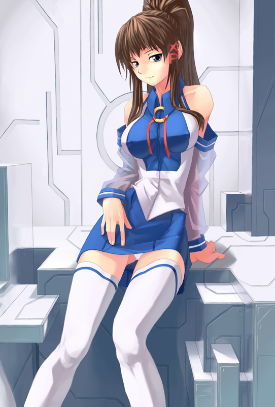 sun-3, xp-tan, os-tan, 1girl, bare shoulders, blue eyes, blue skirt, breasts, brown hair, female focus, large breasts, long hair, long sleeves, miniskirt, panties, pantyshot, ponytail, sitting, skirt, solo, thighhighs, underwear, white panties, white thighhighs, zettai ryouiki