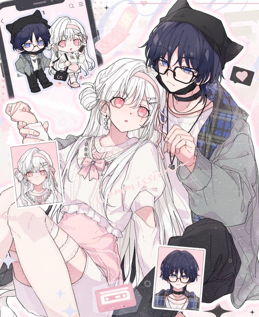 scaramouche (genshin impact), genshin impact, original, artist request, commission, second-party source, 1boy, 1girl, alternate costume, arm cutout, beanie, belt, belt collar, bespectacled, black-framed eyewear, black belt, black collar, black hair, black hat, black mask, black pants, blouse, blunt ends, bow, cassette tape, casual, chain, chain necklace, clenched hand, closed mouth, clothing cutout, collar, collarbone, commissioner insert, contemporary, couple, cropped shirt, cross-laced clothes, cross-laced top, earrings, fingernails, frilled shirt, frilled thigh strap, frills, glasses, grey jacket, grey sleeves, hair bun, hair ornament, hair ribbon, hairband, hairclip, hand up, hat, hayami momo (hayamimomo), heart, heart earrings, hetero, holding another's arm, jacket, jewelry, knees together feet apart, long sleeves, looking at another, mask, mask pull, mouth mask, necklace, open clothes, open jacket, open mouth, pants, pencil skirt, photo (object), pink bow, pink eyes, pink hairband, pink ribbon, pink undershirt, plaid clothes, portrait, puffy sleeves, purple eyes, ribbon, shirt, single side bun, sitting, sitting between lap, skirt, thigh strap, thighhighs, tsurime, watermark, watermark grid, white shirt, white skirt, white sleeves, white thighhighs, white undershirt
