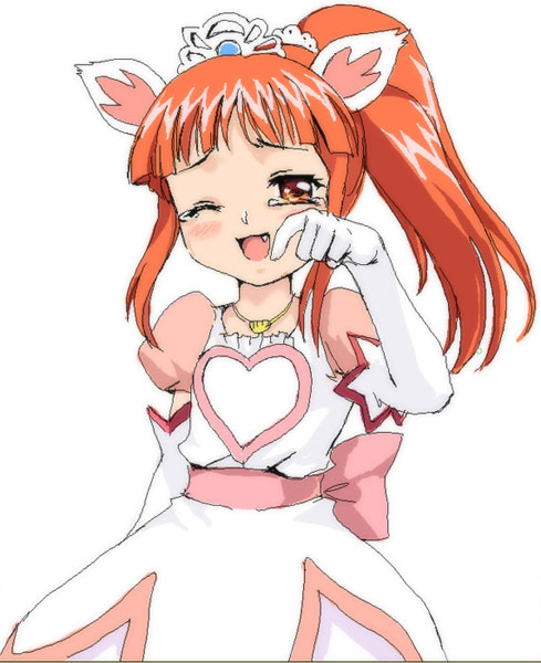 mutsuki (moonknives), leonne, fushigiboshi no futago hime, shogakukan, 00s, 1girl, animal ears, blush, cat ears, dress, elbow gloves, fang, female focus, gloves, jewelry, long hair, necklace, one eye closed, orange eyes, orange hair, ponytail, simple background, solo, tears, tiara, white background, white gloves, wink, wiping tears