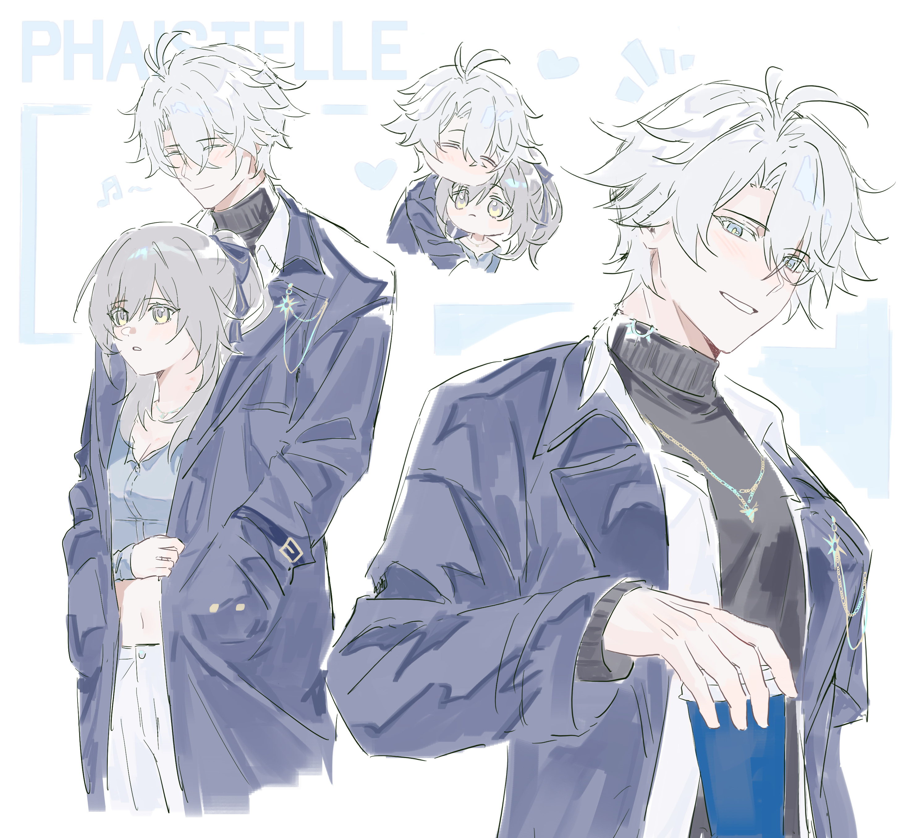 annann nna, phainon (honkai: star rail), stelle (honkai: star rail), trailblazer (honkai: star rail), honkai: star rail, honkai (series), absurdres, highres, 1boy, 1girl, antenna hair, black sweater, blue eyes, coat, grey hair, grin, hair between eyes, jewelry, multiple views, necklace, official alternate costume, open clothes, open coat, open shirt, parted bangs, phainon (luckin coffee) (honkai: star rail), purple coat, shirt, short hair, smile, sweater, teeth, turtleneck, turtleneck sweater, white shirt, yellow pupils