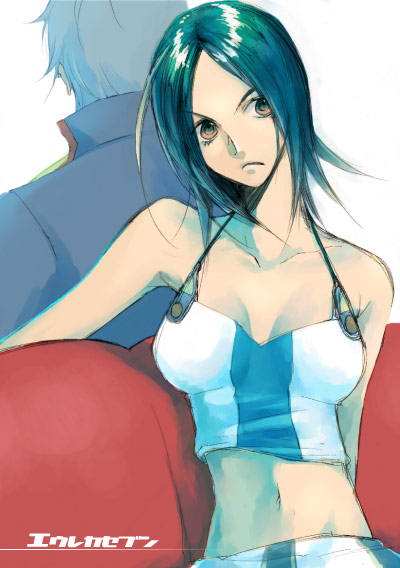 holland novak, talho yuuki, eureka seven, eureka seven (series), 00s, 1boy, 1girl, aqua hair, back-to-back, bare arms, bare shoulders, breasts, brown eyes, camisole, cleavage, crop top, frown, grey hair, medium breasts, midriff, short hair, sitting, sleeveless