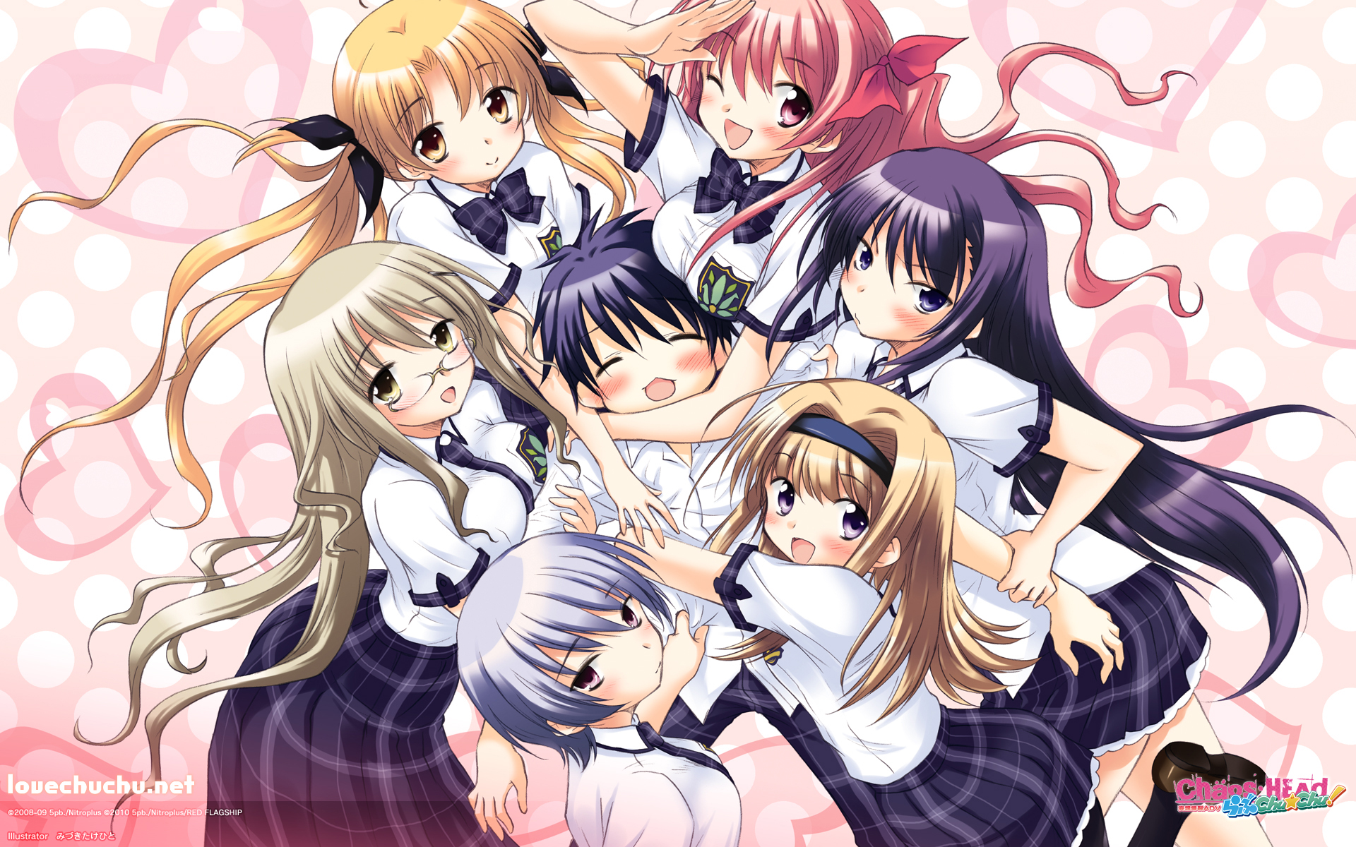 sumi hei, aoi sena, kishimoto ayase, kusunoki yua, nishijou nanami, nishijou takumi, orihara kozue, sakihata rimi, chaos;head, chaos;head love chu chu!, science adventure, highres, official art, 1boy, 6+girls, bare legs, black pantyhose, blonde hair, blue hair, blush, bow, bowtie, breast press, breast rest, breasts, breasts on head, brother and sister, collared shirt, curly hair, dress shirt, everyone, glasses, green eyes, green hair, harem, hug, large breasts, long hair, long skirt, medium breasts, miniskirt, multiple girls, necktie, one eye closed, open collar, open mouth, pantyhose, pink eyes, pink hair, plaid bow, plaid bowtie, plaid clothes, plaid necktie, plaid skirt, plaid sleeves, pleated skirt, purple bow, purple bowtie, purple eyes, purple hair, purple skirt, round eyewear, salute, school emblem, school uniform, shirt, short hair, short sleeves, siblings, skirt, small breasts, smile, suimei academy school uniform, suimei summer uniform, thighs, white petticoat, white shirt, yellow eyes
