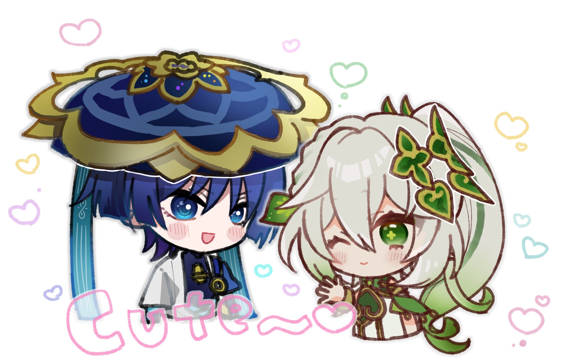 nahida (genshin impact), scaramouche (genshin impact), wanderer (genshin impact), genshin impact, highres, 1boy, 1girl, :>, armlet, blue eyes, blue hair, blue hat, blue sleeves, blunt ends, blush, blush stickers, bracelet, canca37g, chibi, cropped torso, detached sleeves, dress, english text, eyelashes, gold, green eyes, green hair, green sleeves, hair between eyes, hair ornament, half crown braid, hat, heart, heart hair ornament, japanese clothes, jewelry, jingasa, kimono, layered sleeves, leaf, leaf hair ornament, long hair, looking at another, mandala, multicolored hair, one eye closed, open clothes, open kimono, open mouth, short sleeves, side ponytail, sidelocks, streaked hair, v-shaped eyebrows, vision (genshin impact), white background, white dress, white hair, white kimono, white sleeves