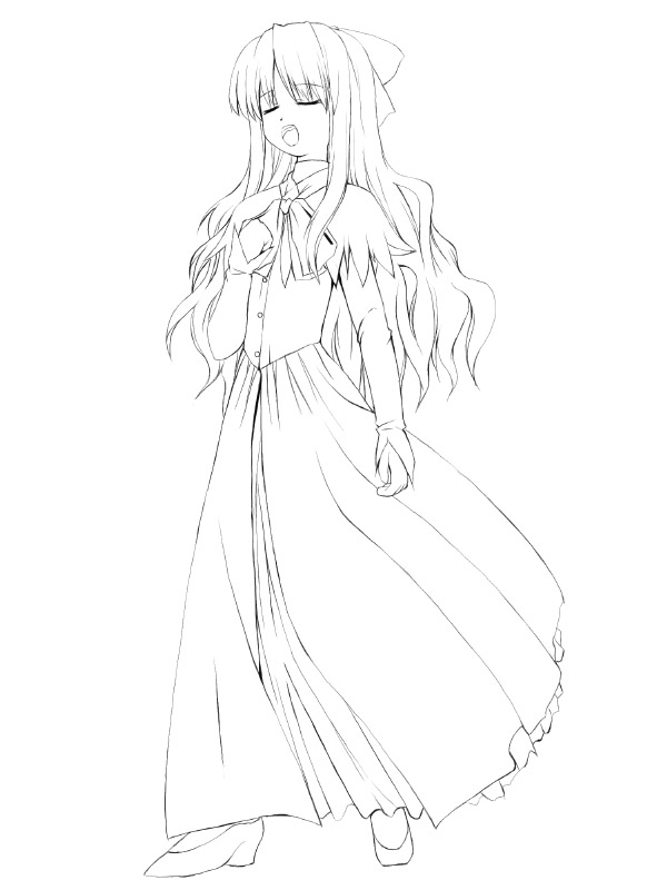 nodoka (artist), azmaria hendric, chrno crusade, original, light purple hair, 1girl, :o, bow, closed eyes, dress, female focus, flat chest, formal clothes, greyscale, hair bow, high heels, lineart, long hair, monochrome, music, open mouth, parted bangs, shoes, singing, sketch, solo, standing, very long hair
