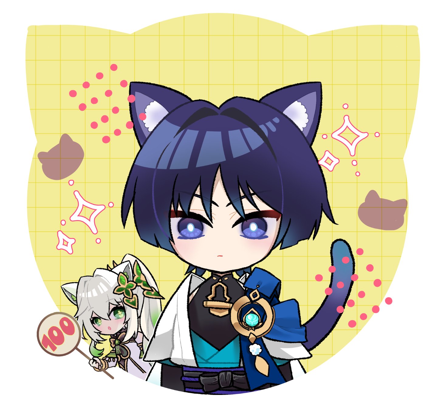 nahida (genshin impact), scaramouche (genshin impact), wanderer (genshin impact), genshin impact, highres, 1boy, 1girl, anemo symbol (genshin impact), animal background, animal ear fluff, animal ears, animal print, armlet, arms at sides, belt, black belt, black bodysuit, black bow, black bridal gauntlets, blue cape, blue gemstone, blue kimono, blue sleeves, blunt ends, bodysuit, border, bow, bracelet, bridal gauntlets, bright pupils, canca37g, cape, cat boy, cat ears, cat girl, cat print, cat tail, checkered background, closed mouth, colored tips, cross-shaped pupils, detached sleeves, dress, eyeliner, eyeshadow, feathers, furisode, gem, gold, gold trim, gradient hair, green eyes, green hair, green sleeves, hair between eyes, hair intakes, hair ornament, heart, heart hair ornament, holding, japanese clothes, jewelry, juban, kimono, layered sleeves, long hair, looking at another, looking at viewer, makeup, mandarin collar, multicolored hair, open clothes, open kimono, open mouth, pom pom (clothes), purple eyes, purple hair, purple rope, purple sash, red eyeliner, red eyeshadow, rope, sash, scorecard, short sleeves, shoulder peek, side ponytail, sidelocks, straight-on, symbol-shaped pupils, tail, vision (genshin impact), white border, white dress, white hair, white kimono, white pupils, white sleeves, yellow feathers, yellow pupils