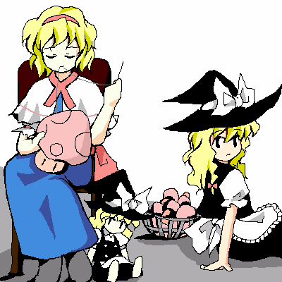 nodoka (artist), alice margatroid, kirisame marisa, touhou, lowres, 2girls, apron, basket, black eyes, blonde hair, bow, capelet, chair, character doll, closed eyes, doll, dress, female focus, frown, hair bow, hairband, hat, holding, holding needle, long hair, looking back, mouth hold, multiple girls, mushroom, needle, oekaki, sewing, short hair, sitting, smile, witch hat