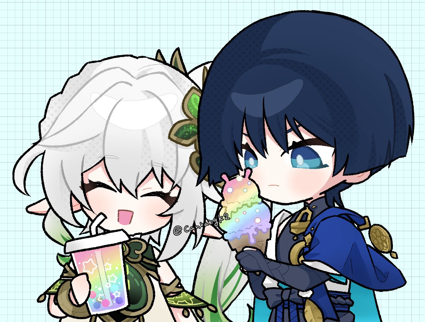 nahida (genshin impact), scaramouche (genshin impact), wanderer (genshin impact), genshin impact, 1boy, 1girl, armlet, black bodysuit, black bow, black bridal gauntlets, black hair, black rope, black shorts, blue cape, blue eyes, blue kimono, blue sash, blue sleeves, blunt ends, blush, bodysuit, bow, bracelet, bridal gauntlets, canca37g, cape, closed eyes, closed mouth, colored tips, cup, detached sleeves, disposable cup, dress, drinking straw, eyelashes, facing viewer, food, gold, gold trim, green hair, green sleeves, grid background, hair between eyes, hands up, head tilt, holding, holding cup, holding ice cream cone, ice cream, ice cream cone, japanese clothes, jewelry, juban, kimono, layered sleeves, long hair, looking at food, mandarin collar, multicolored hair, open clothes, open kimono, open mouth, pointy ears, rope, sash, short sleeves, shorts, shoulder peek, side ponytail, sidelocks, star (symbol), twitter username, white dress, white hair, white kimono, white sleeves, wispy bangs