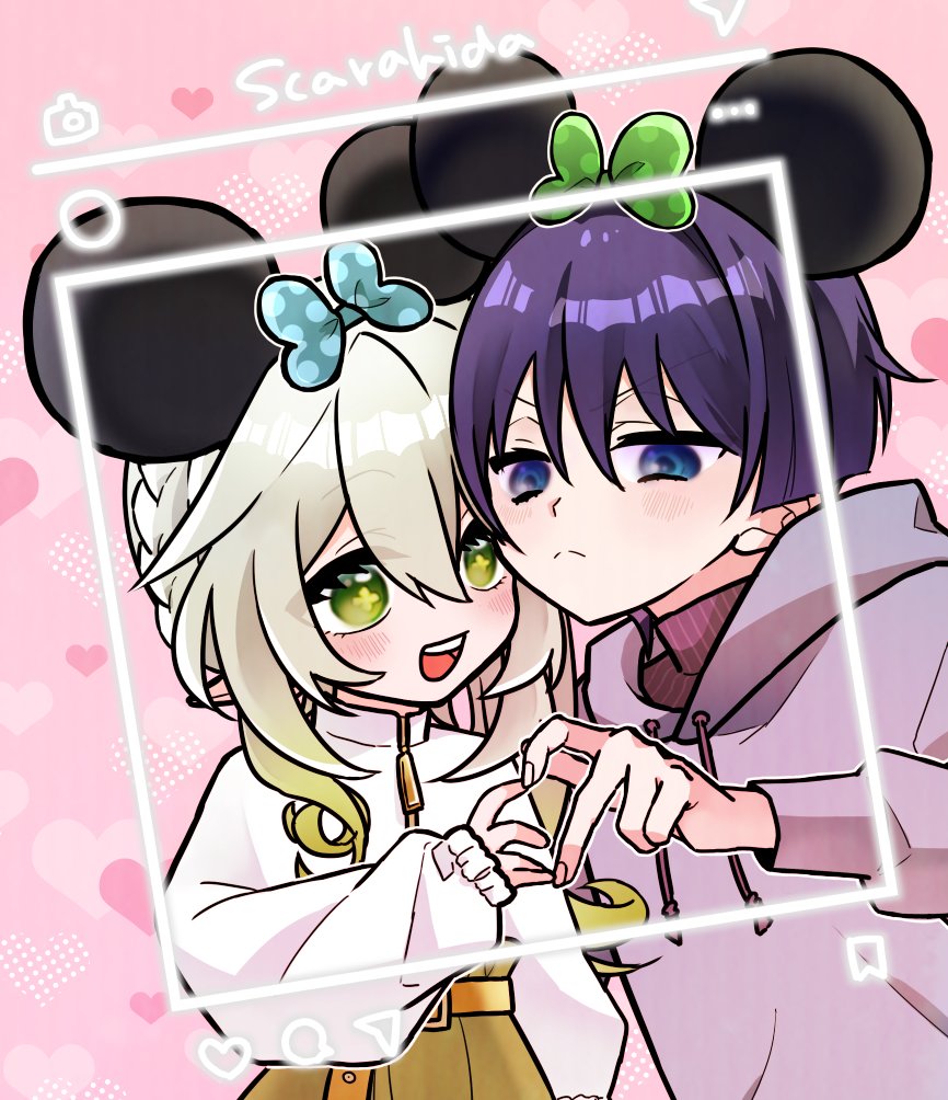 nahida (genshin impact), scaramouche (genshin impact), genshin impact, 1boy, 1girl, alternate costume, animal ears, blue bow, blue eyes, blunt ends, blush, bow, canca37g, casual, closed mouth, colored tips, contemporary, couple, cross-shaped pupils, drawstring, eyelashes, fake animal ears, green bow, green eyes, green hair, green pupils, hair between eyes, hair bow, half crown braid, heads together, heart, heart hands, heart hands duo, hetero, hood, hood down, hoodie, long hair, long sleeves, looking at another, mouse ears, multicolored hair, open mouth, pink hood, pink hoodie, pink undershirt, polka dot, polka dot bow, purikura, purple hair, ship name, shirt, side ponytail, sidelocks, split mouth, striped clothes, striped shirt, symbol-shaped pupils, teeth, upper teeth only, white hair, white shirt, white sleeves, zipper, zipper pull tab
