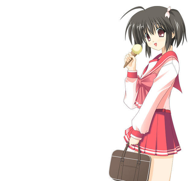 tachibana rin, yuzuhara konomi, to heart (series), to heart 2, 00s, 1girl, ahoge, black hair, brown eyes, female focus, food, ice cream, long sleeves, pleated skirt, school uniform, serafuku, short twintails, simple background, skirt, solo, twintails