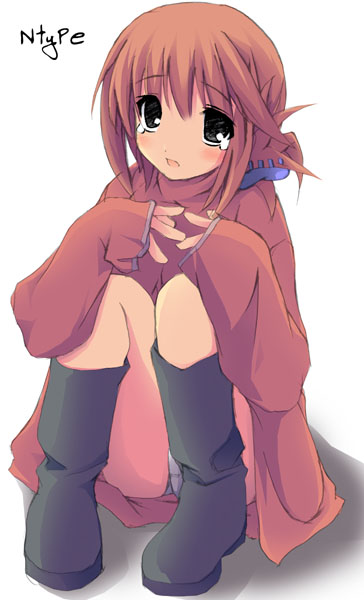 mizoguchi keiji, komaki manaka, to heart (series), to heart 2, 00s, 1girl, black eyes, boots, brown hair, female focus, folded ponytail, hair ornament, hairclip, long sleeves, looking at viewer, oversized clothes, panties, pantyshot, sitting, solo, tears, underwear, white panties