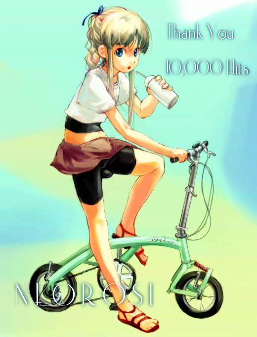 myu, original, 1girl, bicycle, bike shorts, bow, braid, drinking, english text, female focus, folding bicycle, hair bow, milestone celebration, navel, red sandals, riding, sandals, simple background, solo, thank you