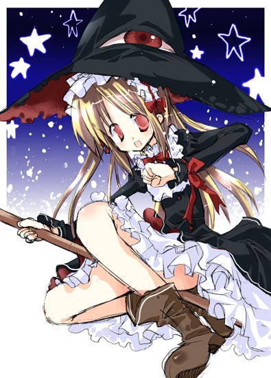 takasaki yuuki, azuma hatsumi, lilith, lilith (yamibou), yami to boushi to hon no tabibito, 1girl, blonde hair, boots, broom, clenched hand, cosplay, extra eyes, female focus, hat, lilith (cosplay), lilith (yamibou) (cosplay), long hair, long sleeves, looking at viewer, open mouth, red eyes, solo, star (symbol), witch hat