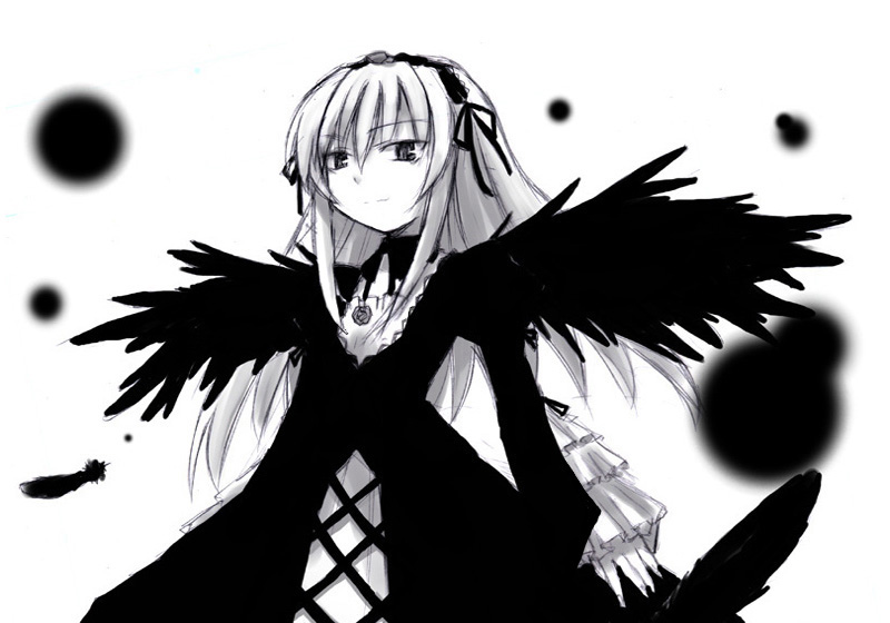 mizumoto tadashi, suigintou, rozen maiden, 00s, 1girl, black wings, dress, faux traditional media, feathers, female focus, flower, greyscale, hairband, high contrast, long hair, long sleeves, looking at viewer, monochrome, rose, simple background, sketch, solo, very long hair, wings