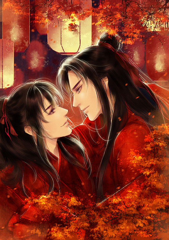 lan wangji, wei wuxian, modao zushi, chinese commentary, 2boys, alternate costume, autumn leaves, bishounen, black hair, branch, chinese clothes, chinese wedding, closed mouth, couple, dress, eye contact, face-to-face, falling petals, faux traditional media, from side, hair ribbon, hanfu, hanging lantern, hug, husband and husband, imminent kiss, lantern, leaf, liyueru8908, long hair, long sleeves, looking at another, male focus, multiple boys, night, outdoors, paper lantern, parted lips, petals, ponytail, profile, red eyes, red hanfu, red ribbon, red theme, ribbon, robe, sidelocks, smile, topknot, tree, upper body, wedding dress, yaoi, yellow eyes