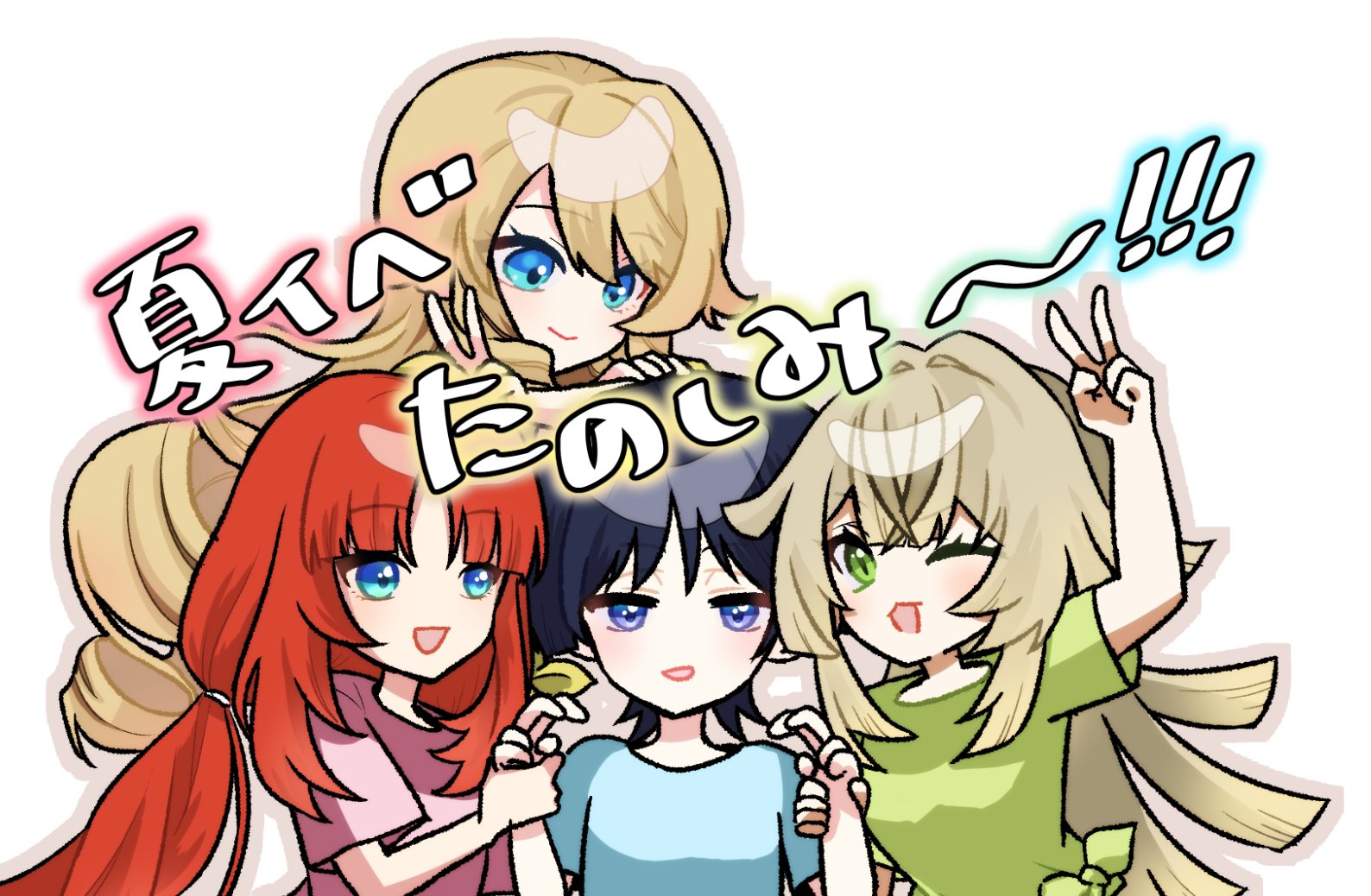 kirara (genshin impact), navia (genshin impact), nilou (genshin impact), scaramouche (genshin impact), genshin impact, translation request, 1boy, 3girls, alternate costume, arm up, arms on head, blue eyes, blue shirt, blue sleeves, blunt bangs, blunt ends, blunt tresses, brown hair, brown outline, canca37g, casual, closed mouth, contemporary, crossed bangs, curled fingers, drill hair, eyelashes, girl sandwich, green eyes, green shirt, green sleeves, half-closed eyes, harem, heads together, holding another's wrist, long hair, looking at another, looking at viewer, low twintails, multiple girls, one eye closed, open mouth, outline, parted bangs, pink shirt, pink sleeves, purple eyes, red hair, sandwiched, shirt, short sleeves, sidelocks, smile, tsurime, twintails, v, white background, wispy bangs