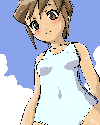 haganemaru kennosuke, yunoki yoriko, battle programmer shirase, lowres, 00s, 1girl, blush, breasts, brown eyes, brown hair, cloud, covered erect nipples, covered navel, cowboy shot, day, female focus, from below, light rays, looking at viewer, oekaki, one-piece swimsuit, outdoors, school swimsuit, short hair, single vertical stripe, sky, small breasts, smile, solo, standing, sunbeam, sunlight, swimsuit, wet, wet hair, white one-piece swimsuit, white school swimsuit