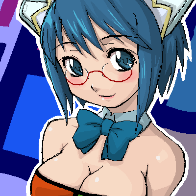 haganemaru kennosuke, 2k-tan, os-tan, lowres, 1girl, blue hair, blush, bow, bowtie, breasts, cleavage, collarbone, detached collar, female focus, glasses, large breasts, looking at viewer, oekaki, short hair, smile, solo, upper body