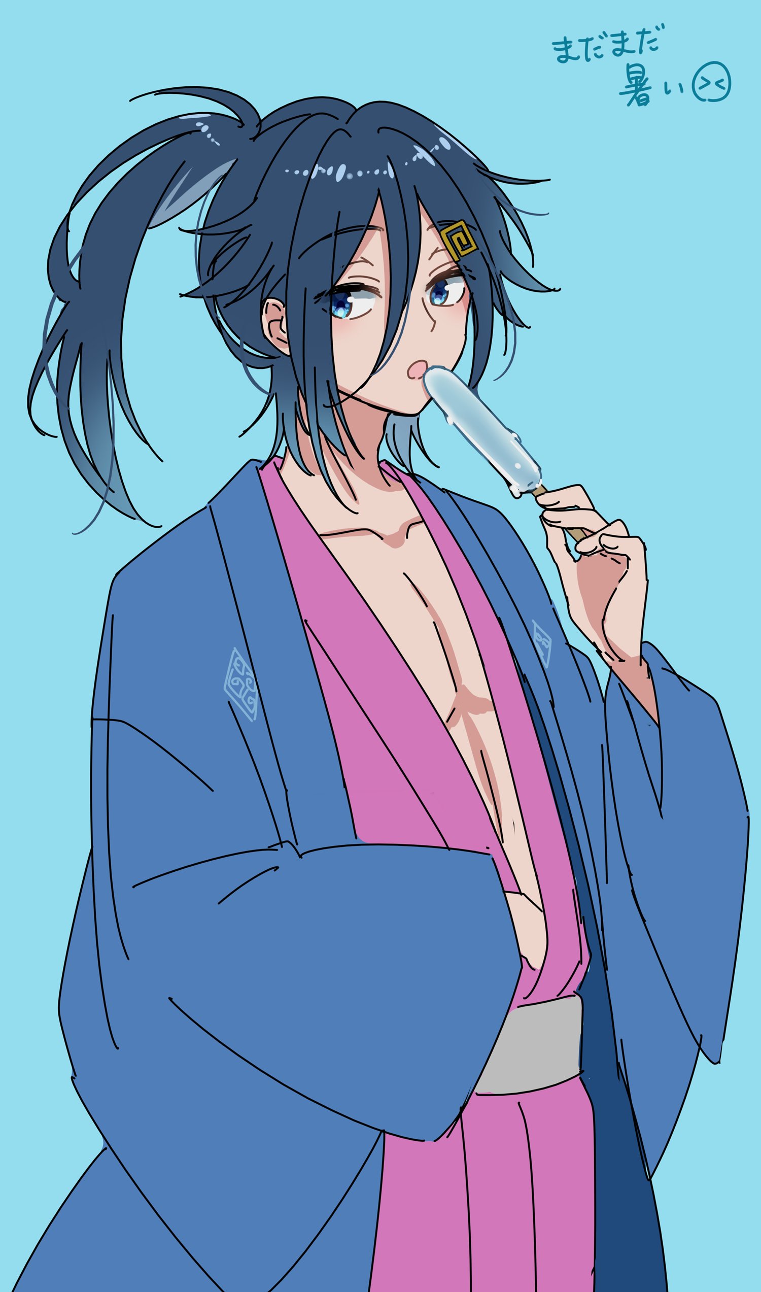 cecilus segmunt, re:zero kara hajimeru isekai seikatsu, absurdres, highres, blue background, blue eyes, blue hair, blush, eating, food, hair ornament, holding, holding food, japanese clothes, kimono, long hair, looking at viewer, mole, mole under mouth, open clothes, oshi suko1, ponytail, popsicle, sash, simple background, yukata