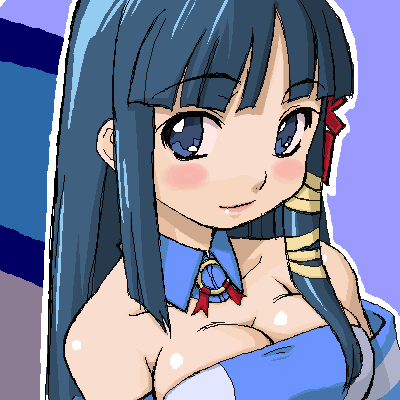 haganemaru kennosuke, xp-tan, os-tan, lowres, 1girl, bare shoulders, blue eyes, blue hair, blush, breasts, choker, cleavage, detached sleeves, female focus, large breasts, long hair, matching hair/eyes, oekaki, smile, solo
