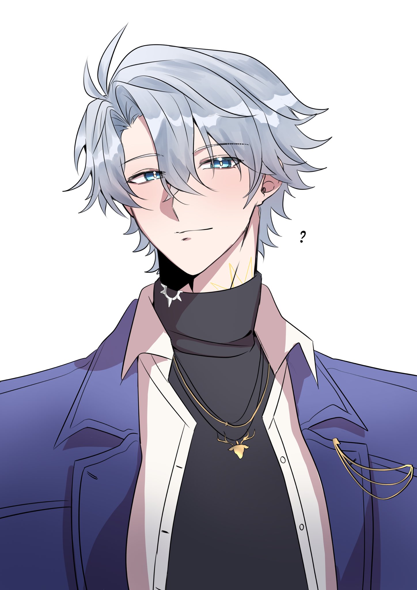 phainon (honkai: star rail), honkai: star rail, honkai (series), highres, 1boy, ?, alannamiaw, antenna hair, black sweater, blue eyes, closed mouth, coat, grey hair, hair between eyes, half-closed eyes, jewelry, looking at viewer, male focus, necklace, official alternate costume, open clothes, open coat, open shirt, parted bangs, phainon (luckin coffee) (honkai: star rail), purple coat, shirt, short hair, simple background, smile, solo, sweater, turtleneck, turtleneck sweater, upper body, white background, white shirt, yellow pupils