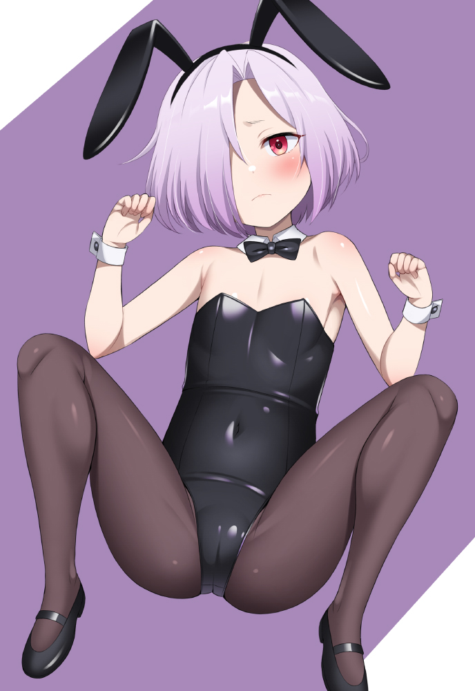 honda naoki, ciel (kizetsu yuusha), kizetsu yuusha to ansatsu hime, 1girl, animal ear hairband, animal ears, black bow, black bowtie, black leotard, black pantyhose, bow, bowtie, covered navel, detached collar, fake animal ears, flat chest, full body, grey hair, hair over one eye, hairband, leotard, lying, m legs, pantyhose, playboy bunny, rabbit ears, red eyes, short hair, solo, spread legs, strapless, strapless leotard, wrist cuffs