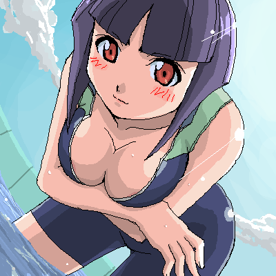 haganemaru kennosuke, ester ein astrada, kenran butou sai, lowres, 00s, 1girl, bent over, blunt bangs, blush, bob cut, breasts, cleavage, closed mouth, collarbone, female focus, purple hair, red eyes, short hair, sidelocks, smile, solo