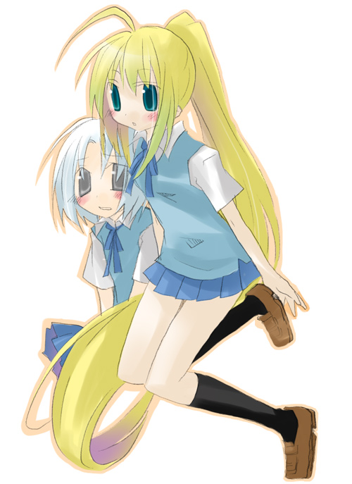 sazaki ichiri, original, 2girls, absurdly long hair, ahoge, blonde hair, blue hair, green eyes, grey eyes, long hair, multiple girls, pleated skirt, ponytail, school uniform, serafuku, simple background, skirt, sweater, sweater vest, very long hair, vest, white background