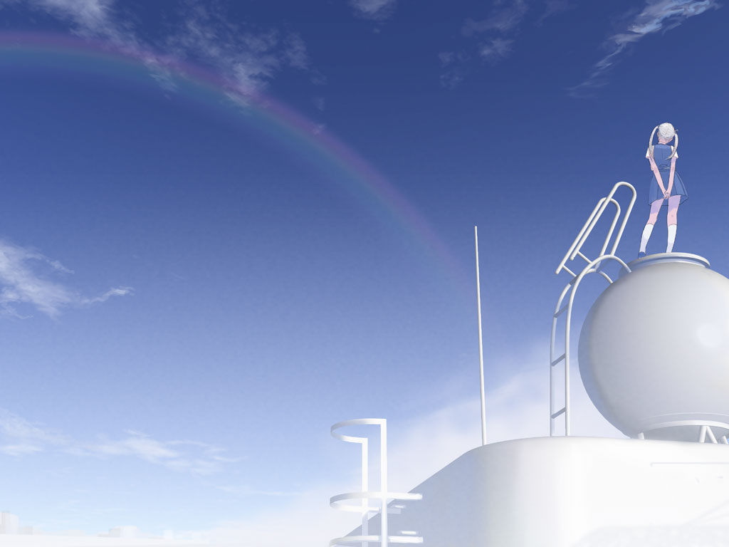 kiriman (souldeep), original, 1girl, arms behind back, blonde hair, contrapposto, day, female focus, from behind, ladder, rainbow, school uniform, sky, solo, standing, tank (container), twintails, wide shot